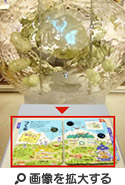 絵本「細胞のとびら」と、本と連動し模型の中に浮き上がる細胞内の映像