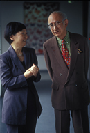 In front of the Ω Shokusoen (Butterfly Nursery) on the 4th floor of Biohistory Research Hall. Keiko Nakamura (left), Tokindo Okada (right)